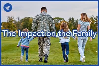 Back view soldier's family walking.